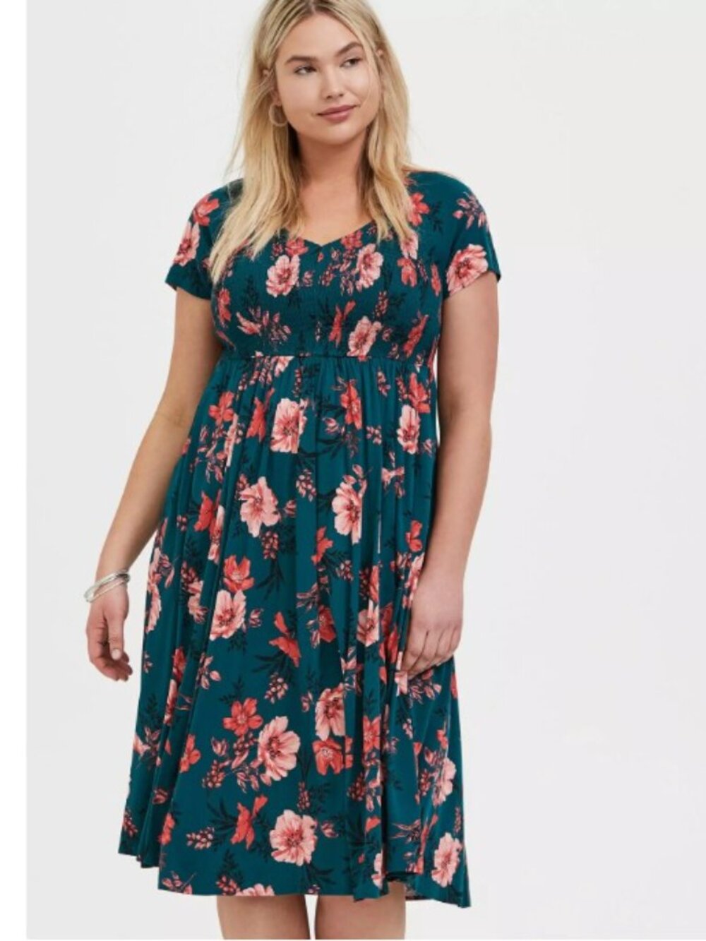 Torrid Brand Size 0 Women's 12 Floral Teal Midi Challis Smocked Dress - Picture 2 of 5